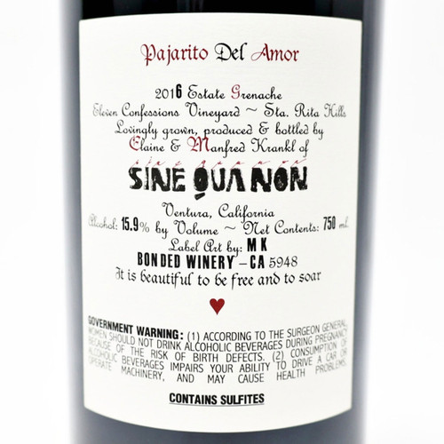 Sine Qua Non Grenache "Pajarito del Amor" Eleven Confessions Vyd 2016